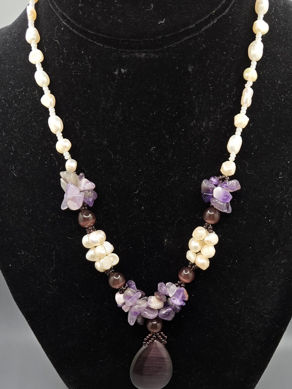 Freshwater Pearl & Amethyst Cluster Necklace w/Purple Glass Teardrop Pendant 16"